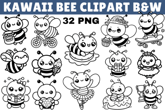 Download Kawaii Bee Black and White Clipart - Clipart Collection